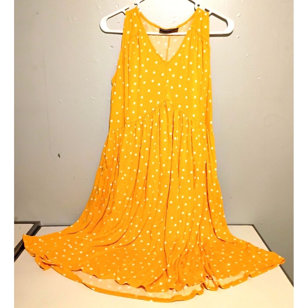Women's Yellow White Polka Dot Dress Sleeveless Pockets Size 10 Midi Sundress
